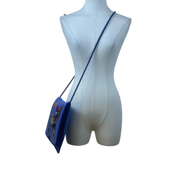 Whimsical Handcrafted Blue Cat Bird & Mouse Applique Quilted Crossbody Bag - Picture 7 of 9